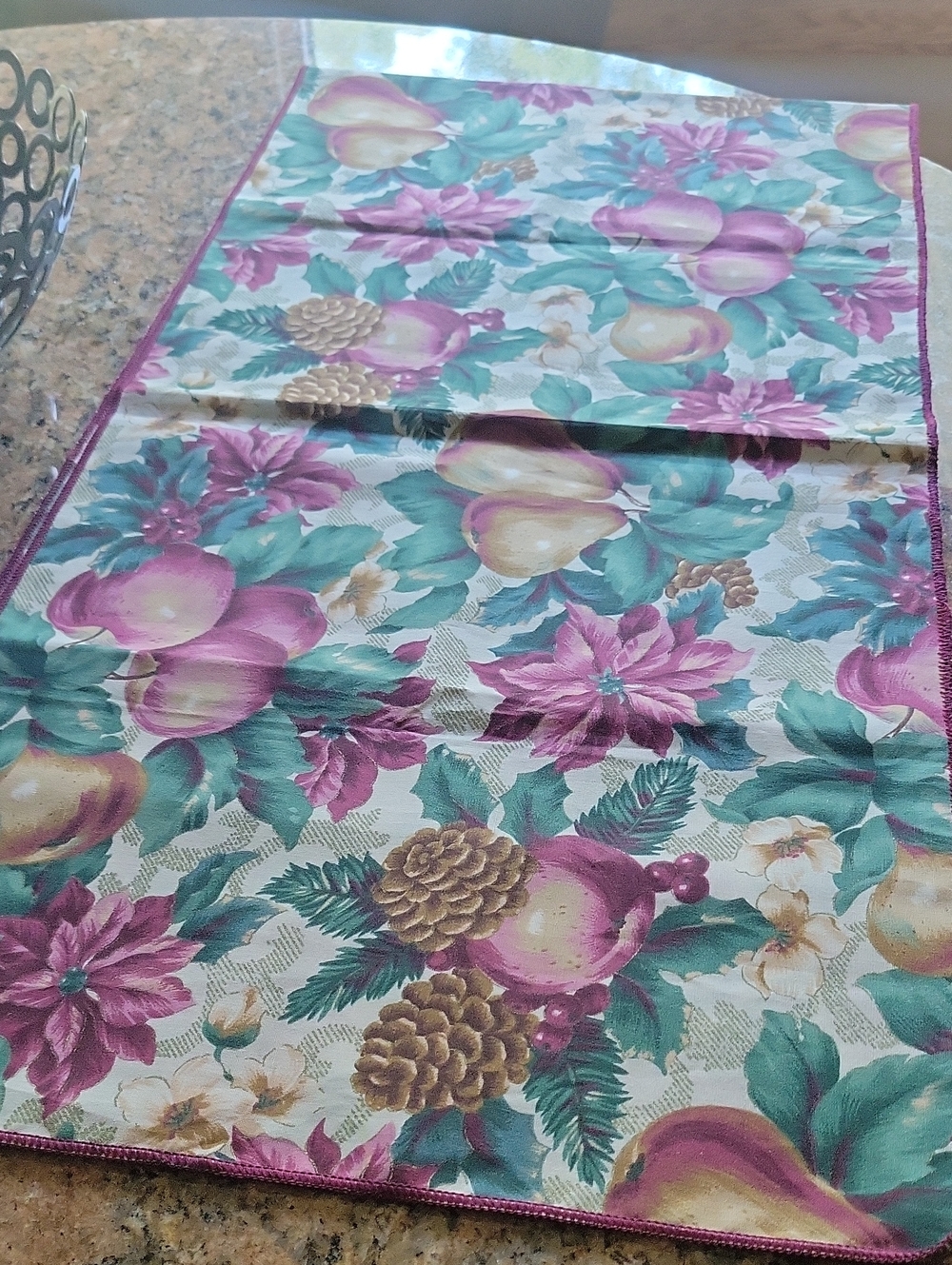 Floral Fruit Pinecone Table Runner in Green & Magenta 58 Inches